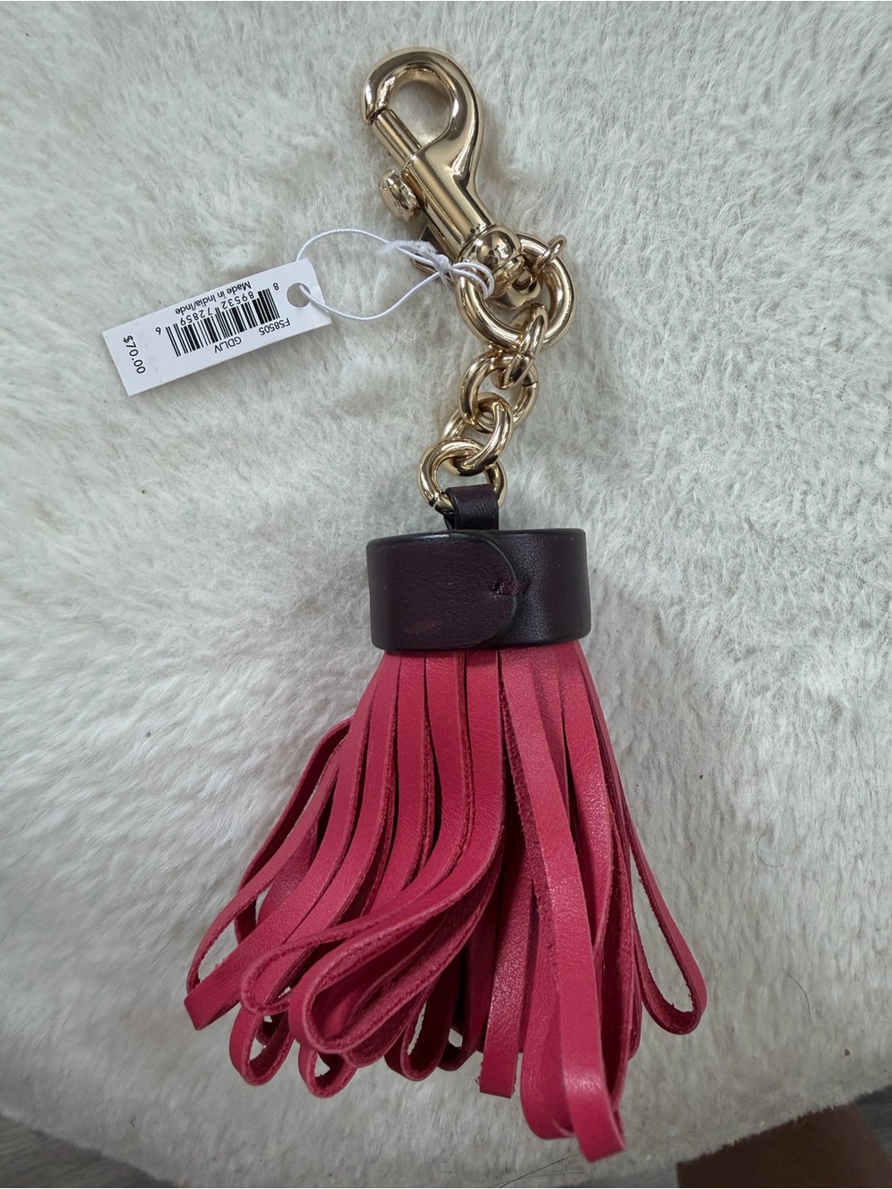 Coach Pink Leather Tassel Keychain with Gold Hardware
